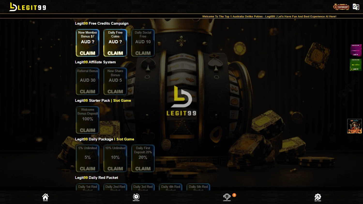 Legit99 Casino promotions on desktop