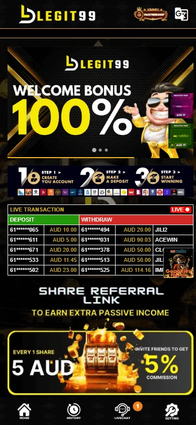 Legit99 Casino home on a mobile device