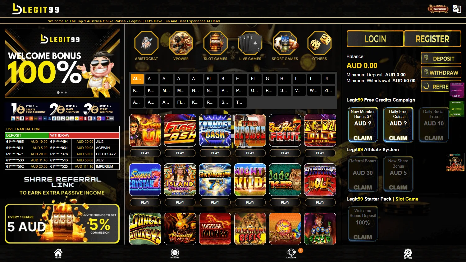 Legit99 Casino home on desktop